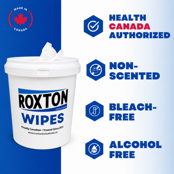 Roxton Wipes bucket on a blue and white split background, featuring Health Canada Authorized, Non-Scented, Bleach-Free, and Alcohol-Free claims.