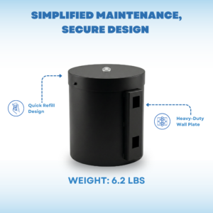 Side view of a sleek black wall‑mounted dispenser in a modern office setting, highlighting its slim profile.