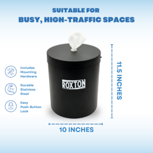 Black stainless steel wall‑mounted wipes dispenser with matte finish and front‑loading opening, suitable for offices or clinics.