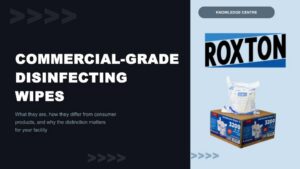 Commercial-grade disinfecting wipes title card with a Roxton bulk wipe roll and 3200-count case