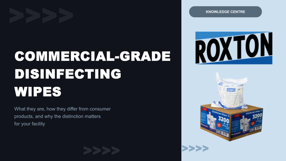 Commercial-grade disinfecting wipes title card with a Roxton bulk wipe roll and 3200-count case