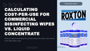 Liquid concentrate vs. disinfecting wipes cost-per-use title card with Roxton wipe canisters
